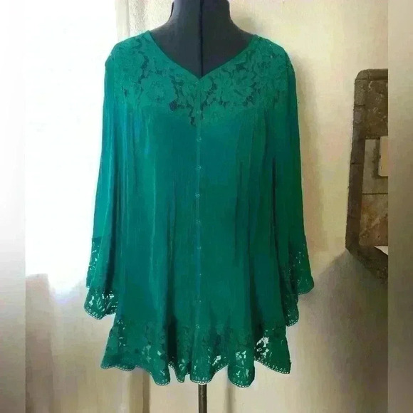 ZAK & Rachel Teal lace long sleeve blouse top women 2X - Picture 2 of 10